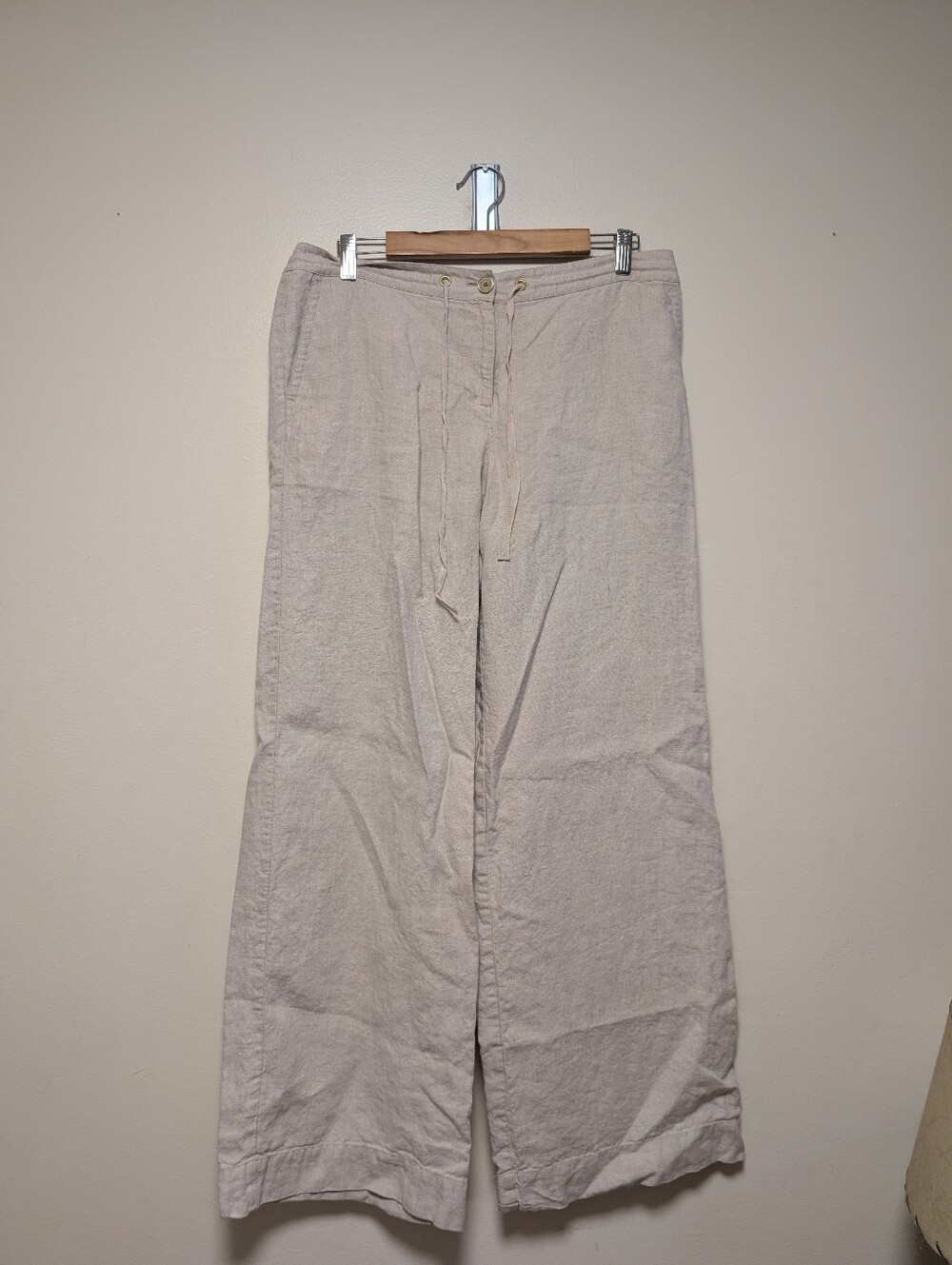 Liz Claiborne Jackie 100% Linen Wide Leg Pants Size 10 Oatmeal Drawstring